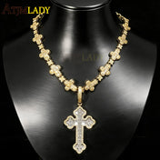 Iced Out Cross Pendant Necklace — CZ Star Link, Two-Tone
