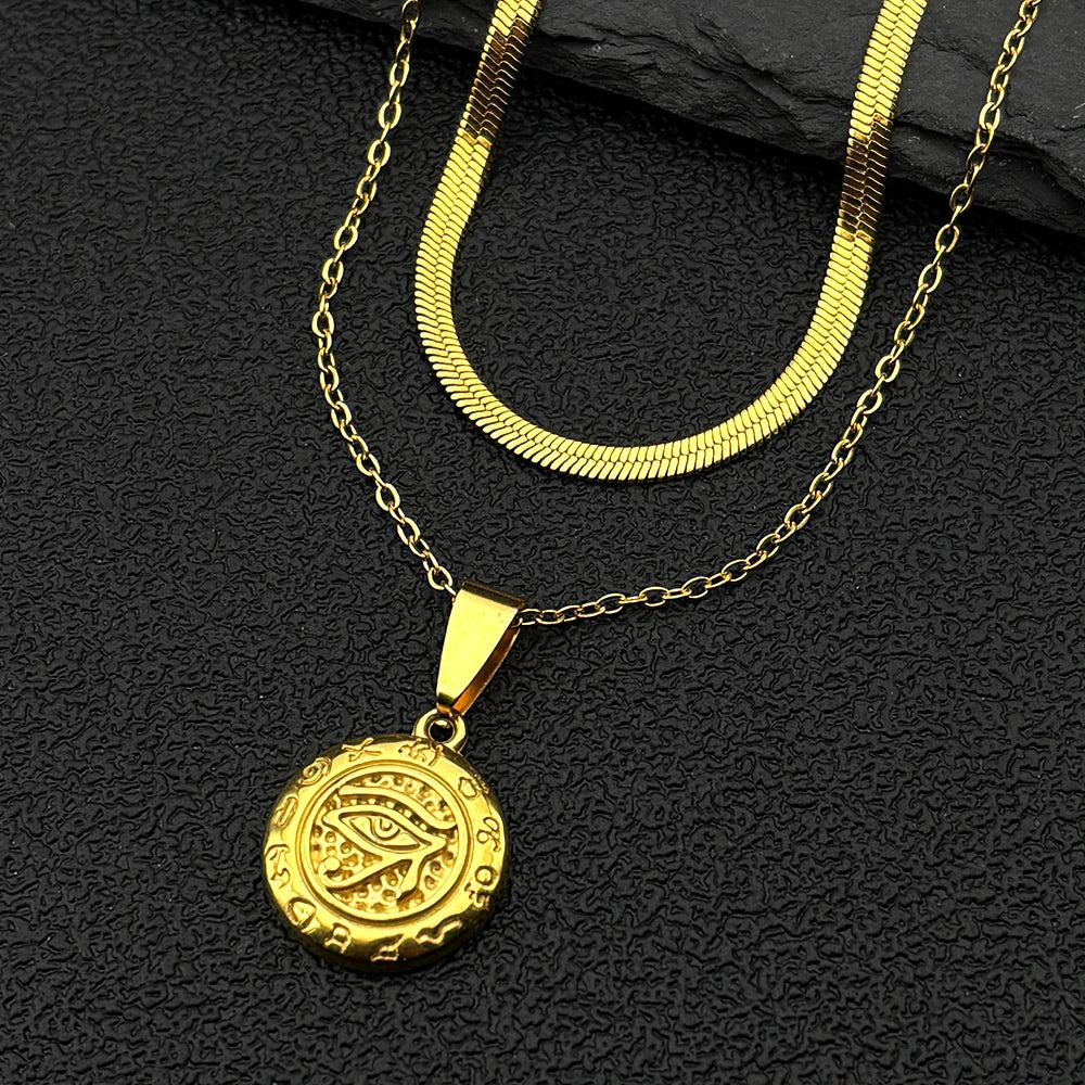 Stainless Steel Egyptian Eyes Hieroglyph Chain Necklace for Women Men Gold Color Eye of Ra Horus Symbol Pendant Necklace Jewelry