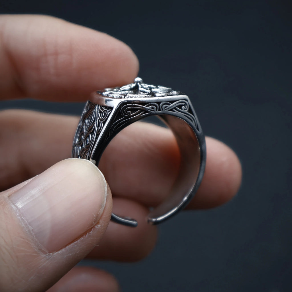 Retro "Floral Edge" Four-leaf Clover Adjustable Open Ring For Men Silver-plated Copper Gothic Punk Edgy Jewelry