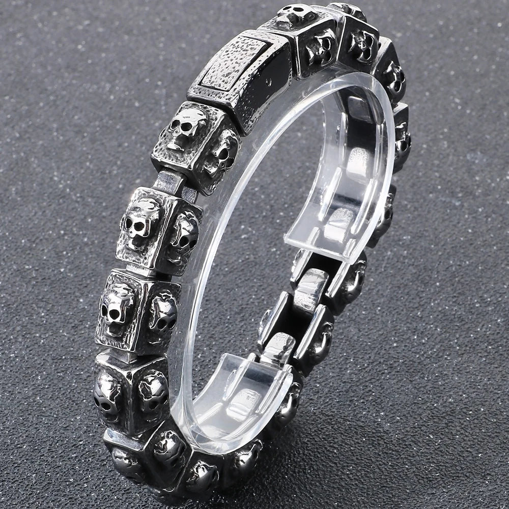 Vintage Solid Stainless Steel Bracelet for Man Men's Skeleton Jewelry Accessories 14MM Width Skull Face Head Chain