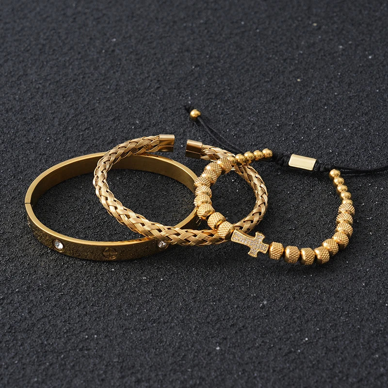 Luxury Stainless Steel Beads Cross Charms Man Bracelet CZ Bangles Women Jewelry Set Gift