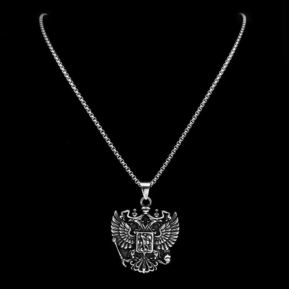Russian Double-Headed Eagle National Emblem Symbol Pendant Necklaces for Women Men Silver Color Stainless Steel Jewelry Gift