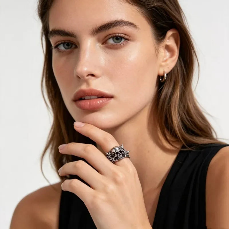 Vintage skull, rivet opening, men's and women's rings, street trend, neutral style jewelry