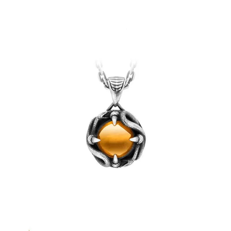 Copper Electroplated Gold Endless Glory Pendant 925Sterling Silver Men's Necklace Vintage Distressed Necklace with Amber Stone I