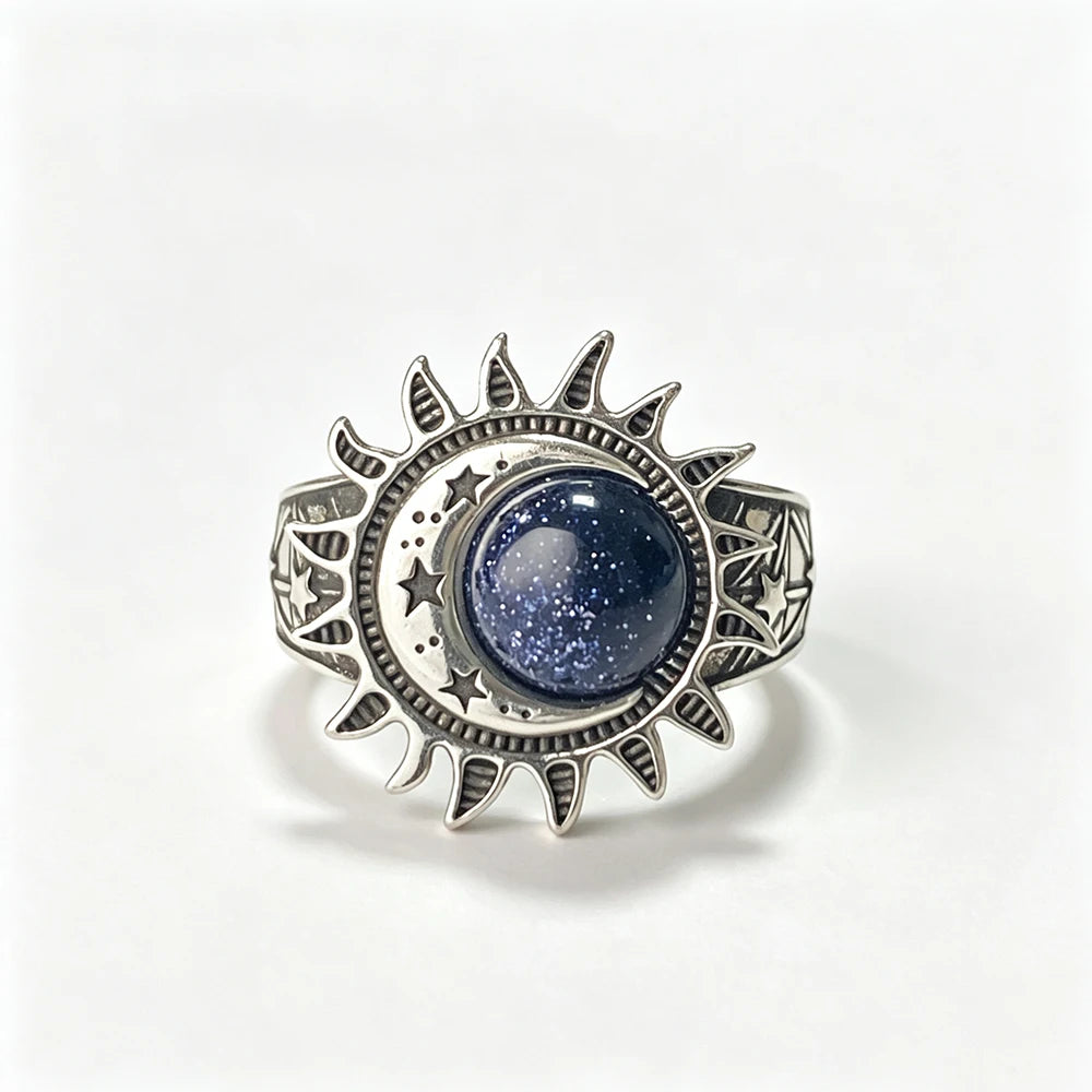 Sun Star Moon Cabochon Ring — Silver-Tone Bohemian