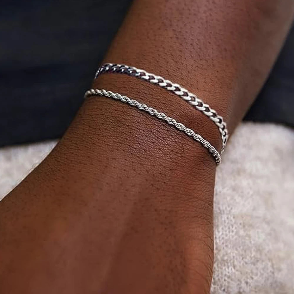 1 or 2 Pcs Chain Bracelet for Men 925 Sterling Silver Stainless Steel Bracelets Rope Cuban Link Bracelet Set for Men