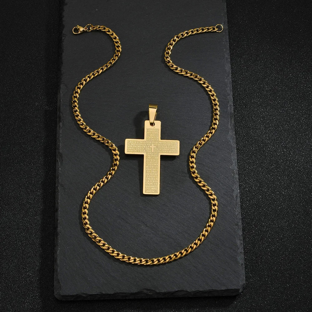 Gold Bible Cross Pendant Necklace — Stainless Steel