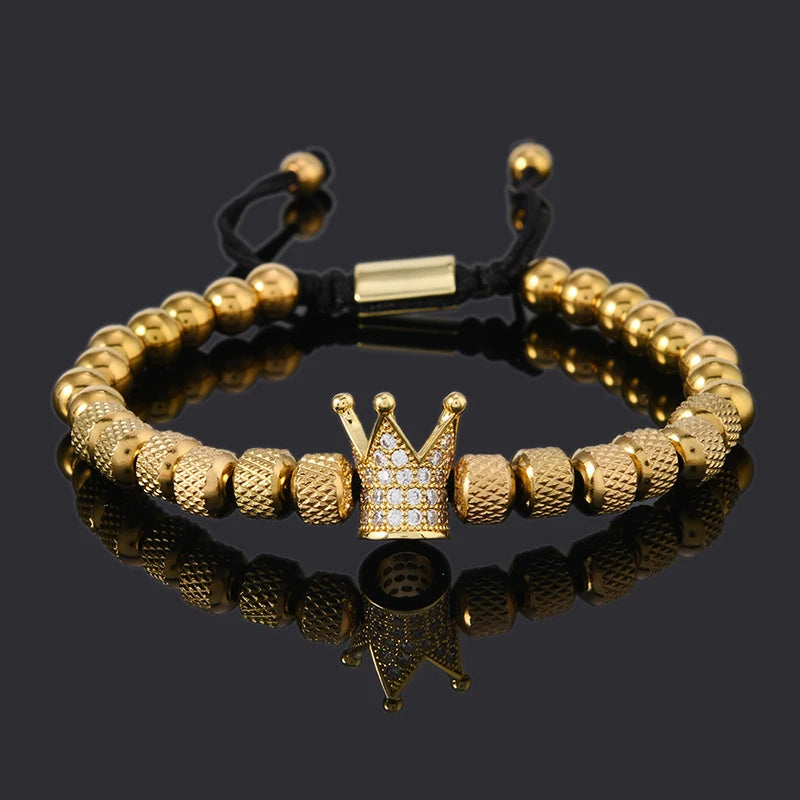 Luxury Stainless Steel Beads Royal Gold Crown Charm Man Bracelet Handmade Women Jewelry Gift