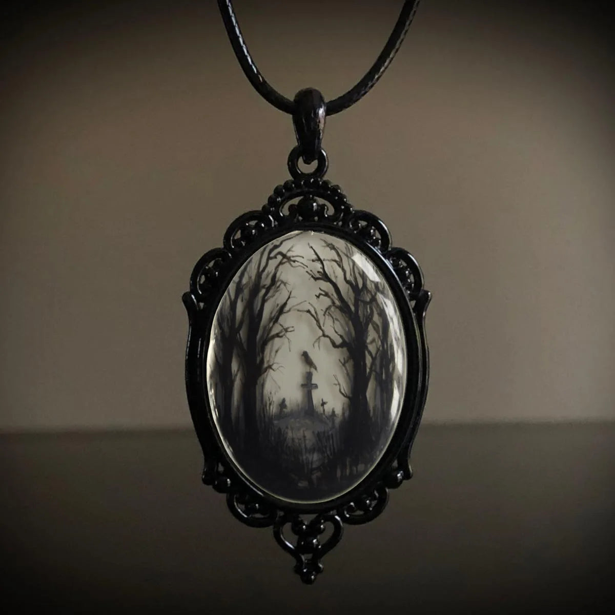 Gothic Crow Black Forest Charm Necklace Fashion Witch Jewelry Gift Pagan Cross Black Cat Skull Glass Pendant Necklace
