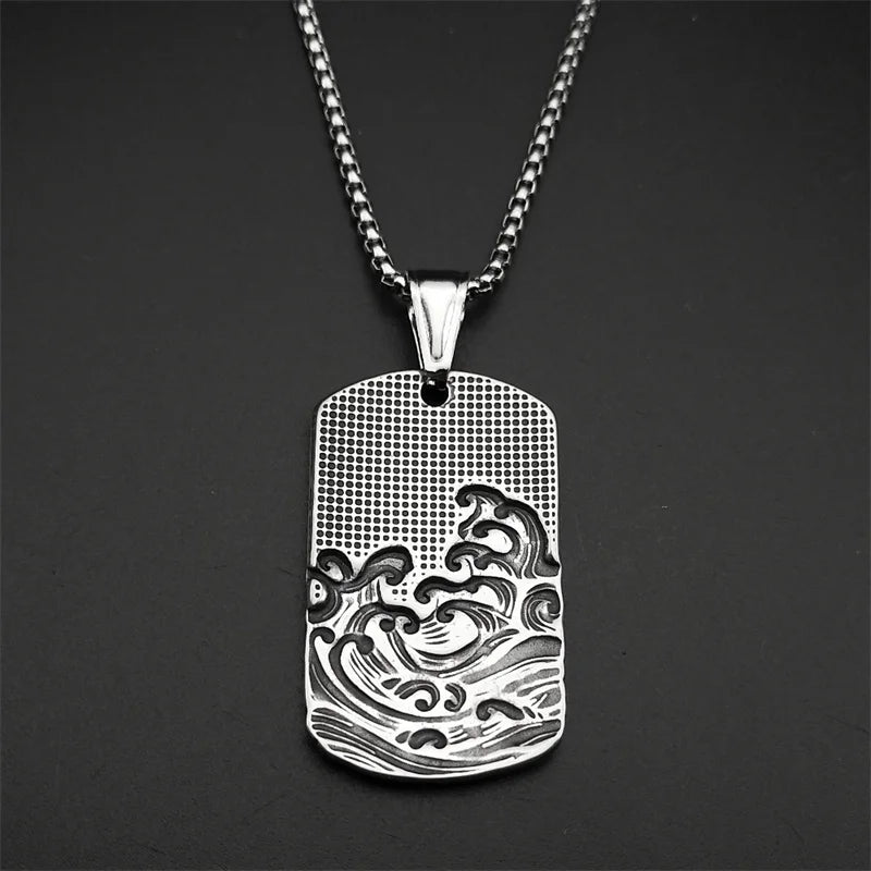 Geometric Two-Tone Pendant Sea Wave Dog Tag