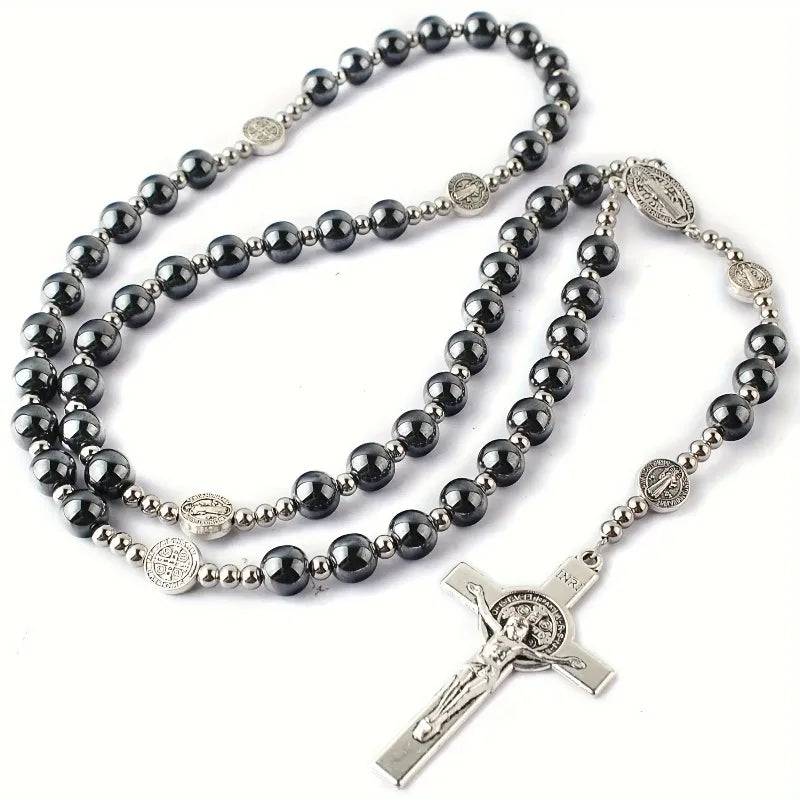 Black Bead Cross Pendant Necklace for Men and Women, Daily Wear