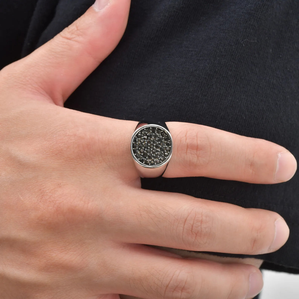 Men Signet Ring, Stainless Steel Paved Black Cubic Zirconia Band Punk Hip Hop Finger Jewelry Gift for Male Party Daily