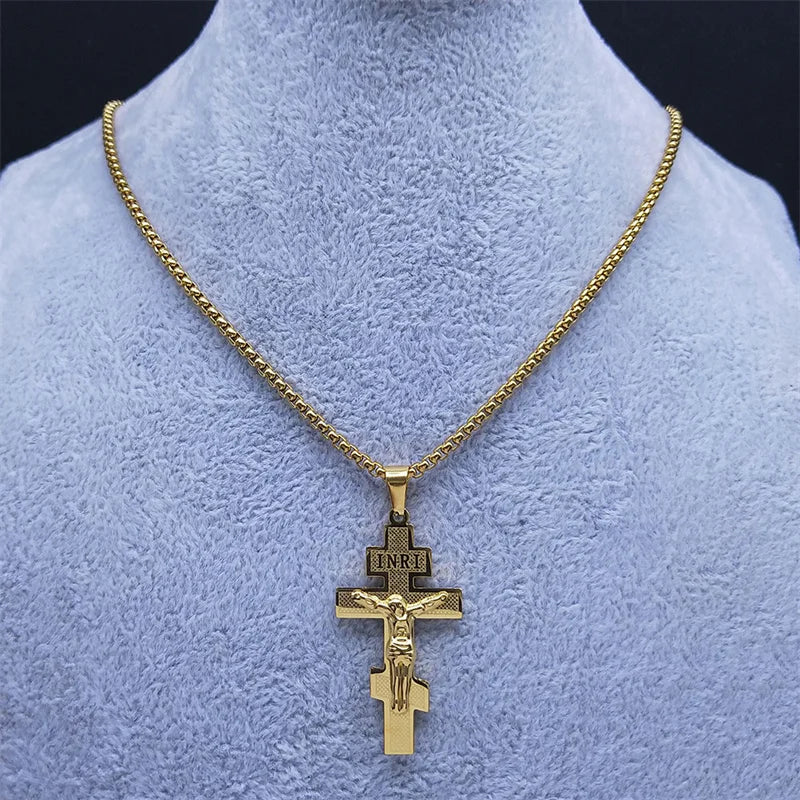 Catholic Orthodox Cross Necklace Stainless Steel Gold Color INRI Crucifix Jesus Necklaces Holy Jewelry cordao masculino