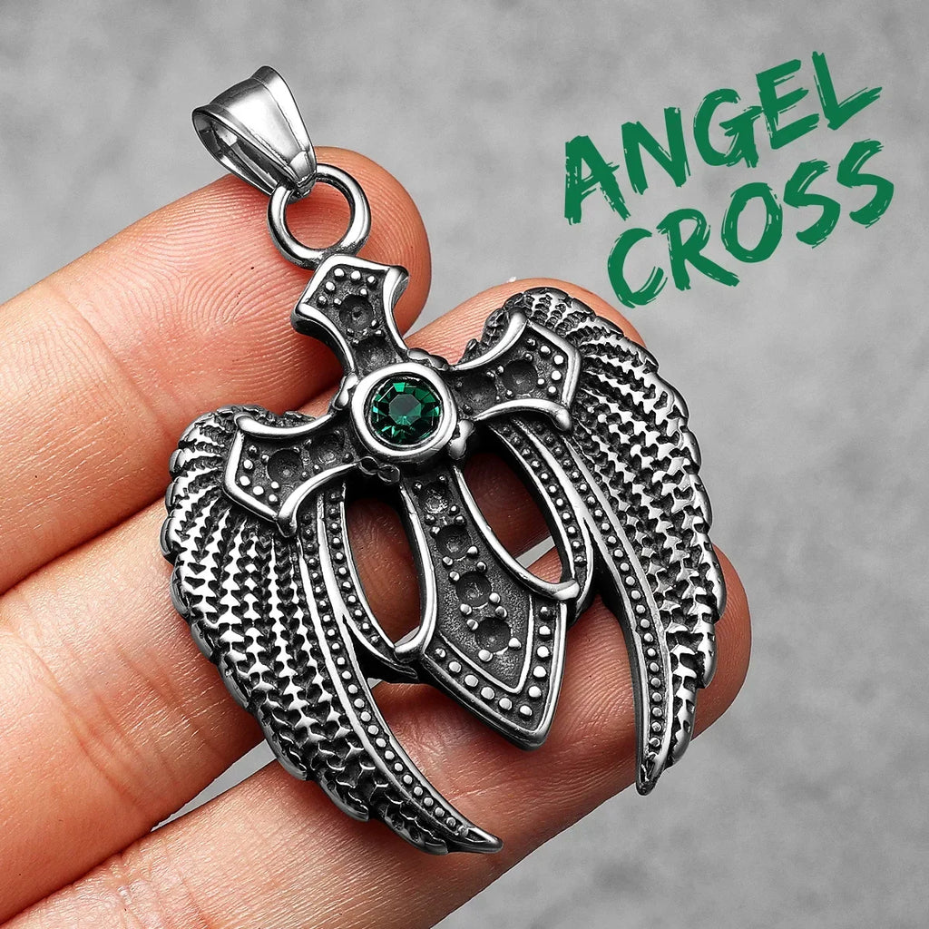Angel Wing Cross Pendant — Stainless Steel