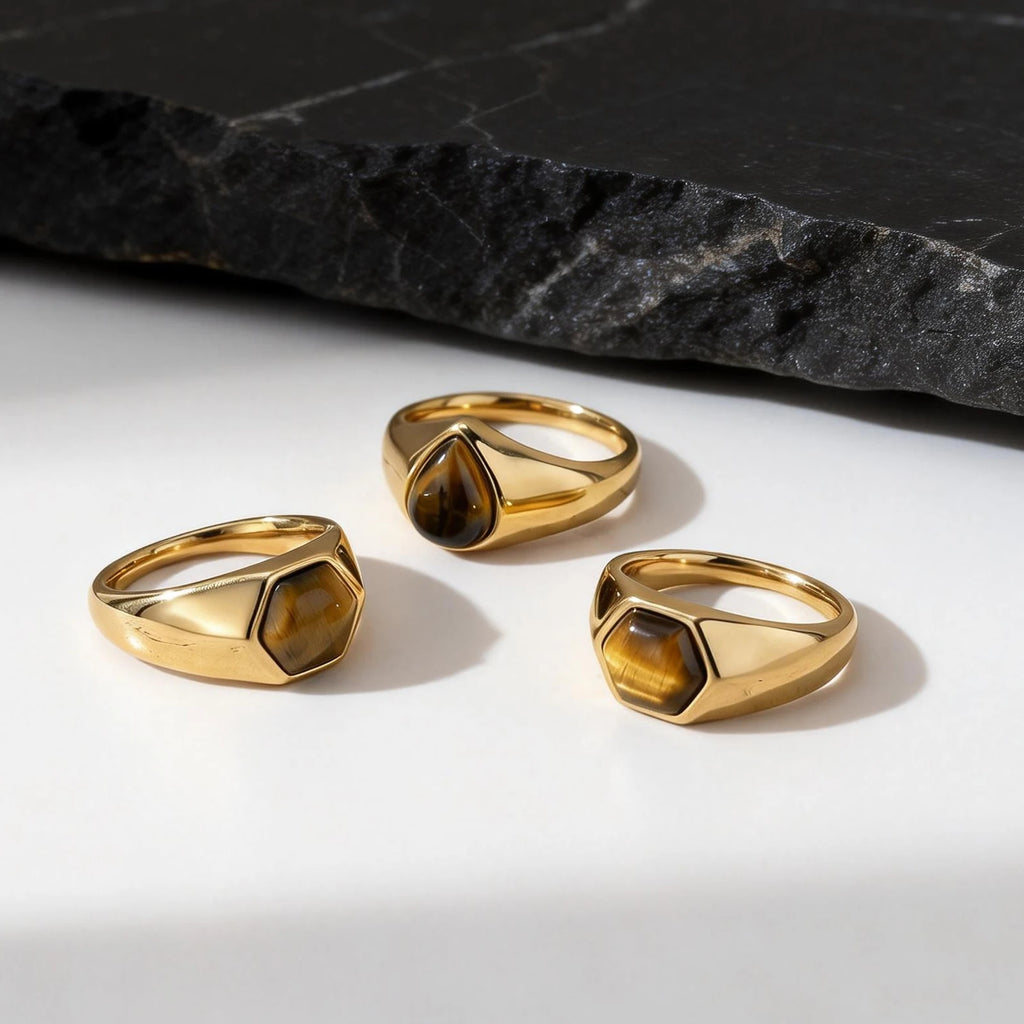 Gold Color Pinky Ring for Men Women,Stainless Steel Tiger Eye Stone Signet Ring,Dainty Chic Party Jewelry Gift