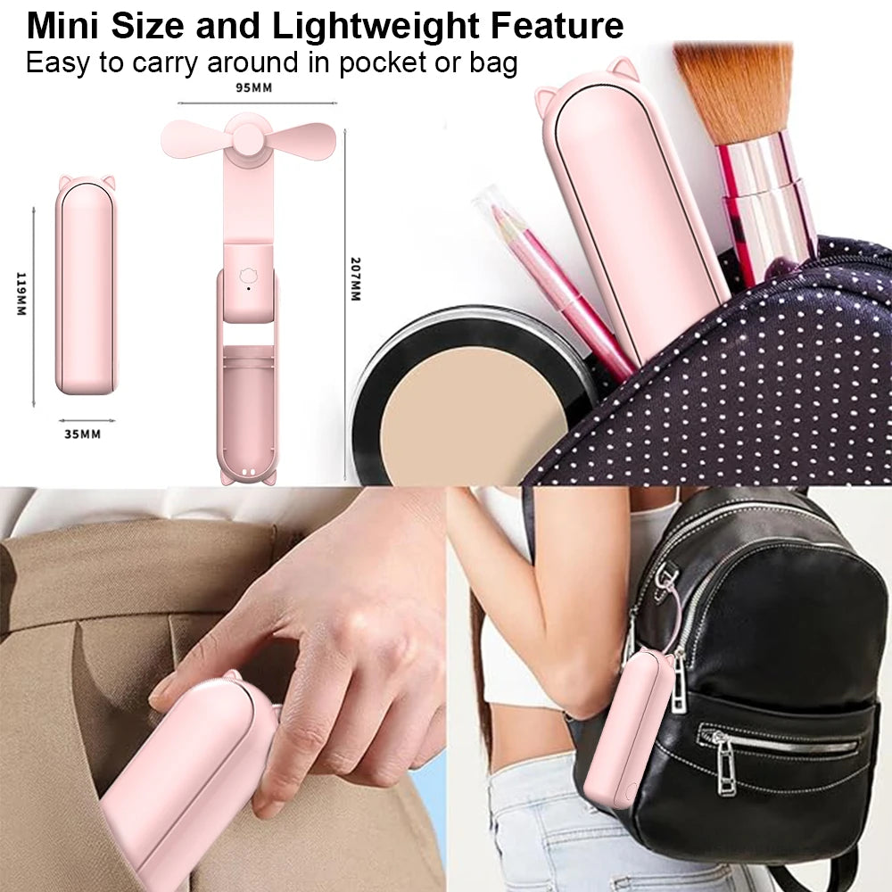 Portable Mini Fan 2000mAh USB Rechargeable 3 Speed Handheld Foldable Fan Hand Held Small Pocket Travel Fan with Handy