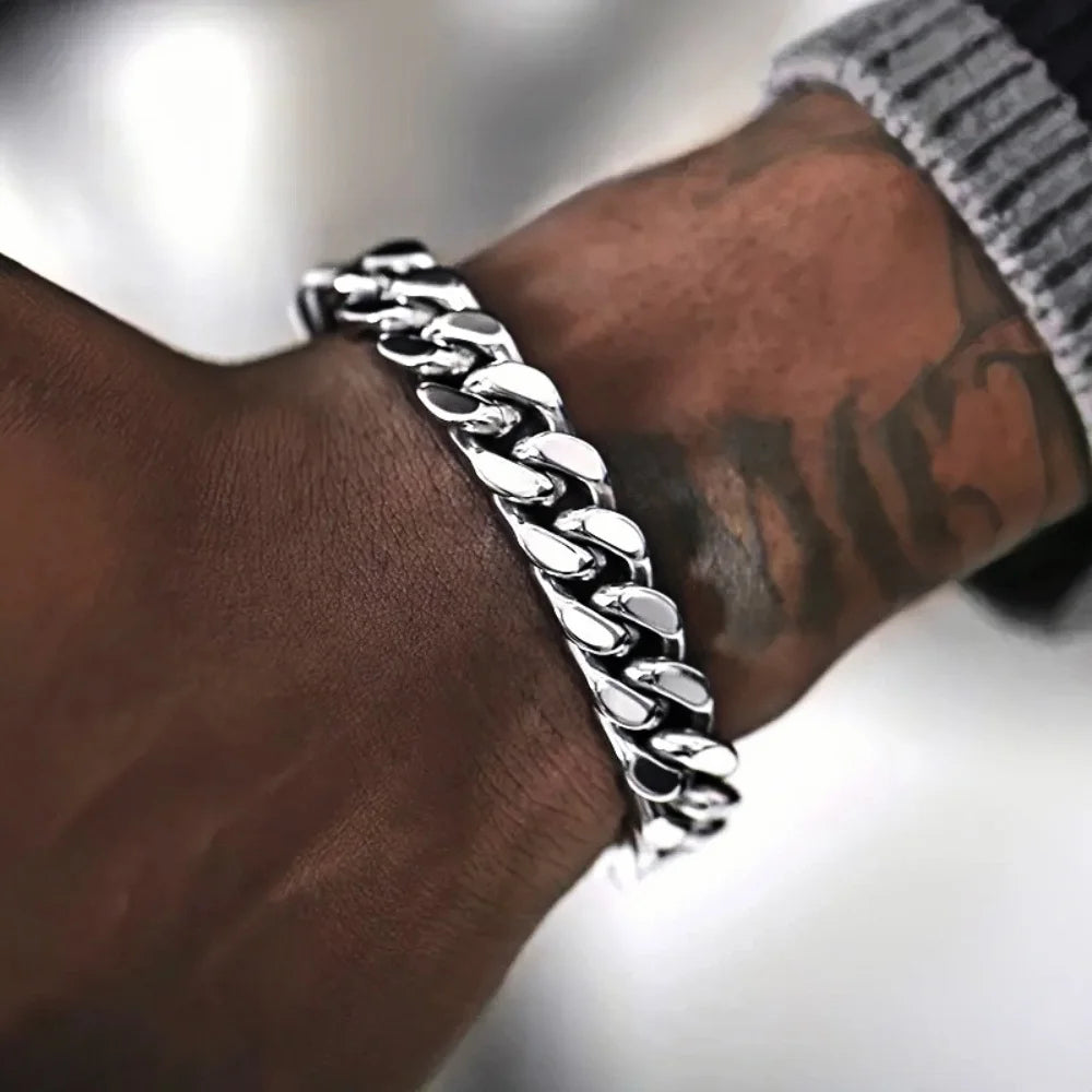 9mm Retro Stainless Steel Cuban Chain Bracelet Simple Silver Color Men Stainless Steel Jewelry Fashion Casual Wear