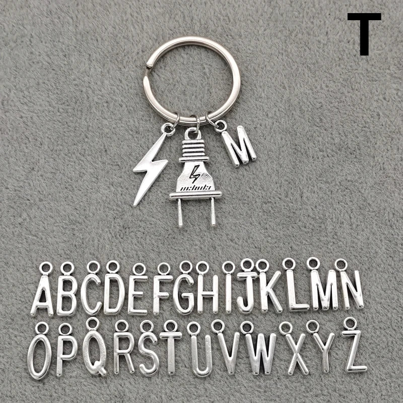 Fashion A-Z Letter Charm Lightning Bolt Plug Electrician Keychain for Electrical Worker Bag Car Keyring Gifts