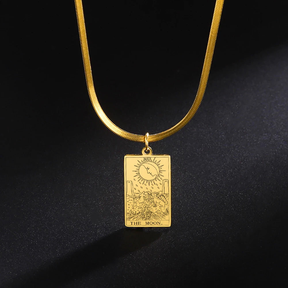 LIKGREAT Major Arcana Tarot Card Necklace Stainless Steel Snake Chain Necklace Vintage Amulet Moon/Sun/Star Tarot