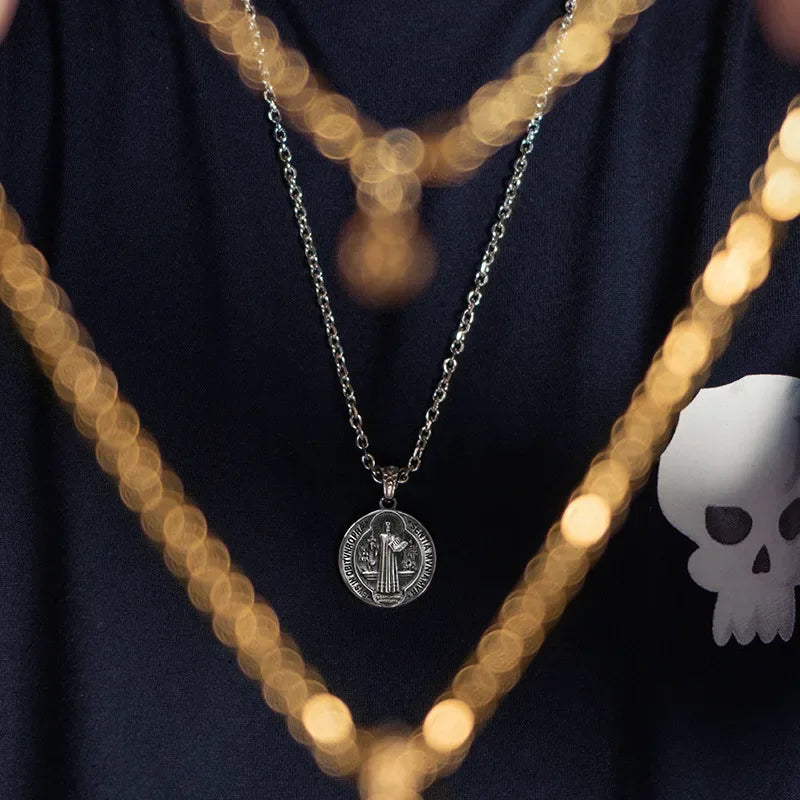 Vintage Titanium Steel Saint Benedict Pendants Exorcist Saint Plaque Prayer Text Cross Religious Necklace Talisman Jewelry