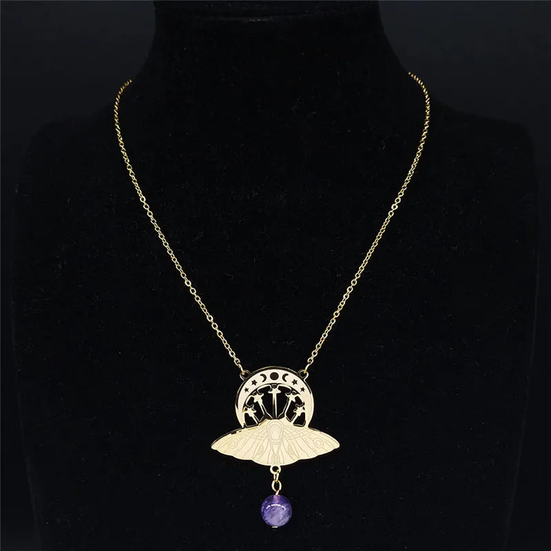 Bat Witchcraft Triple Moon Goddess Necklace Stainless Steel Women Silver Color Moth Necklace Jewerly Collar Mujer N3059S02