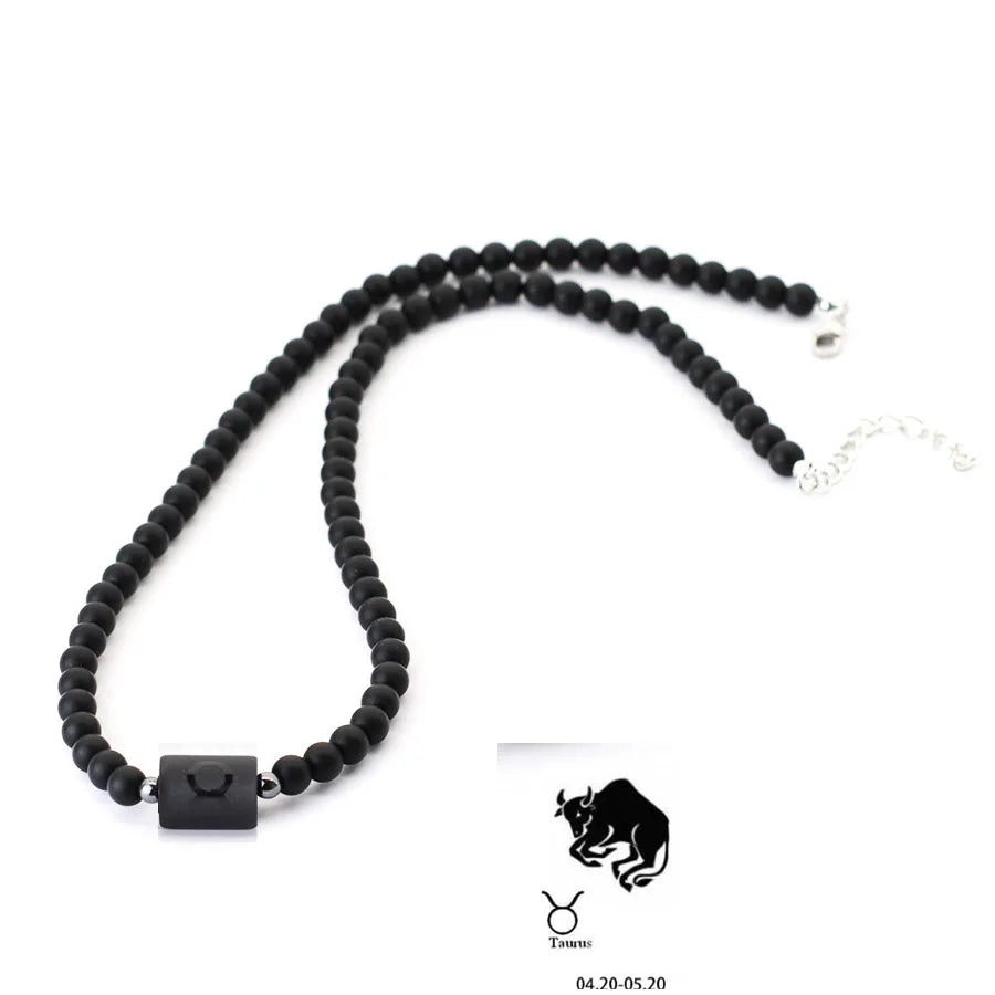 Fashion 12 Constellations Beaded Necklace Men Natural Black Onyx Stone Beads 48cm Short Collar Jewelry Leisure Party Homme Joias