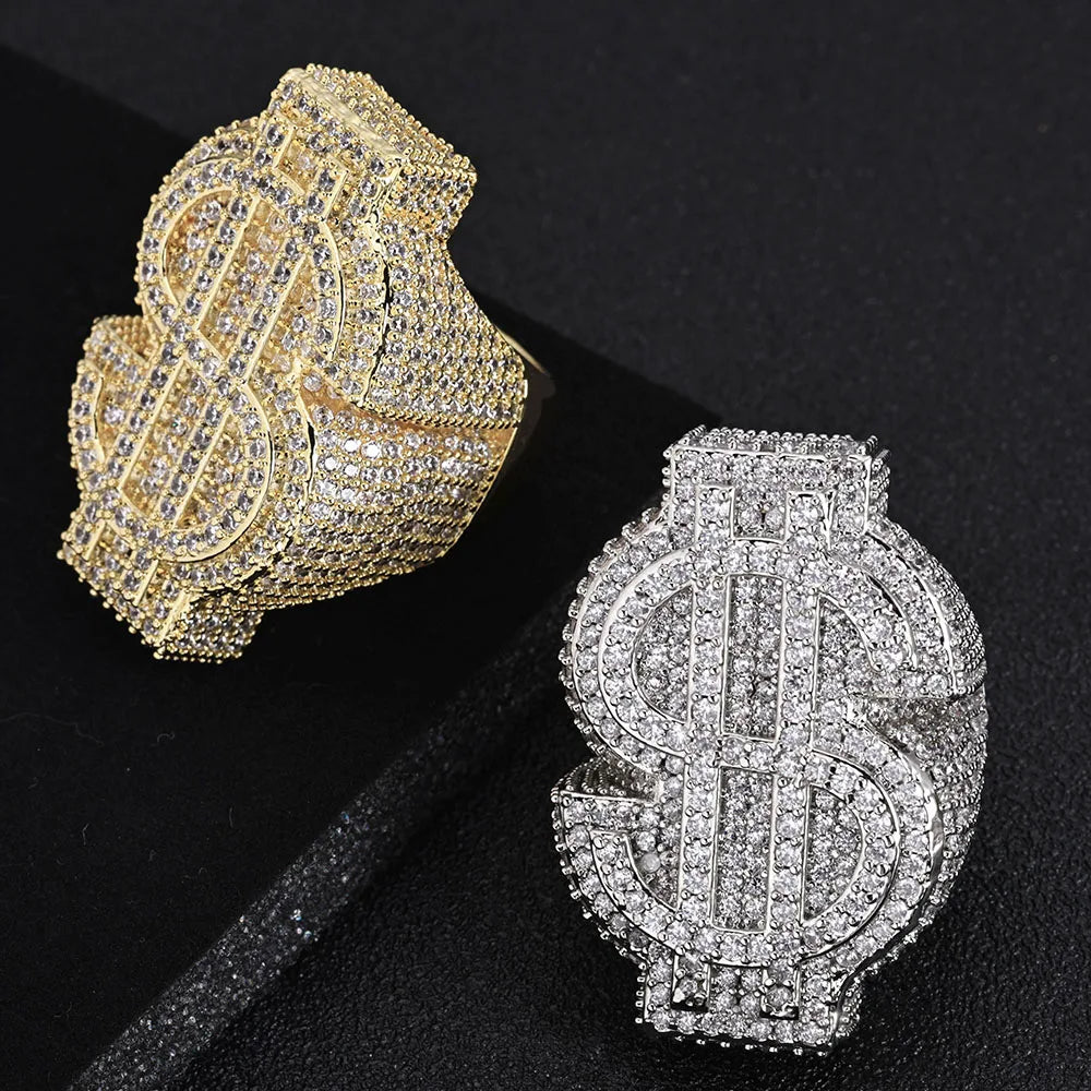 Gold Iced Out Money Sign Ring Statement