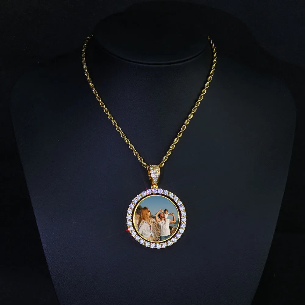 HHIOK Customized Necklaces Circle Chain Picture Personalized Diamond Memory Pendant with Photo Wing Design Gift for Men
