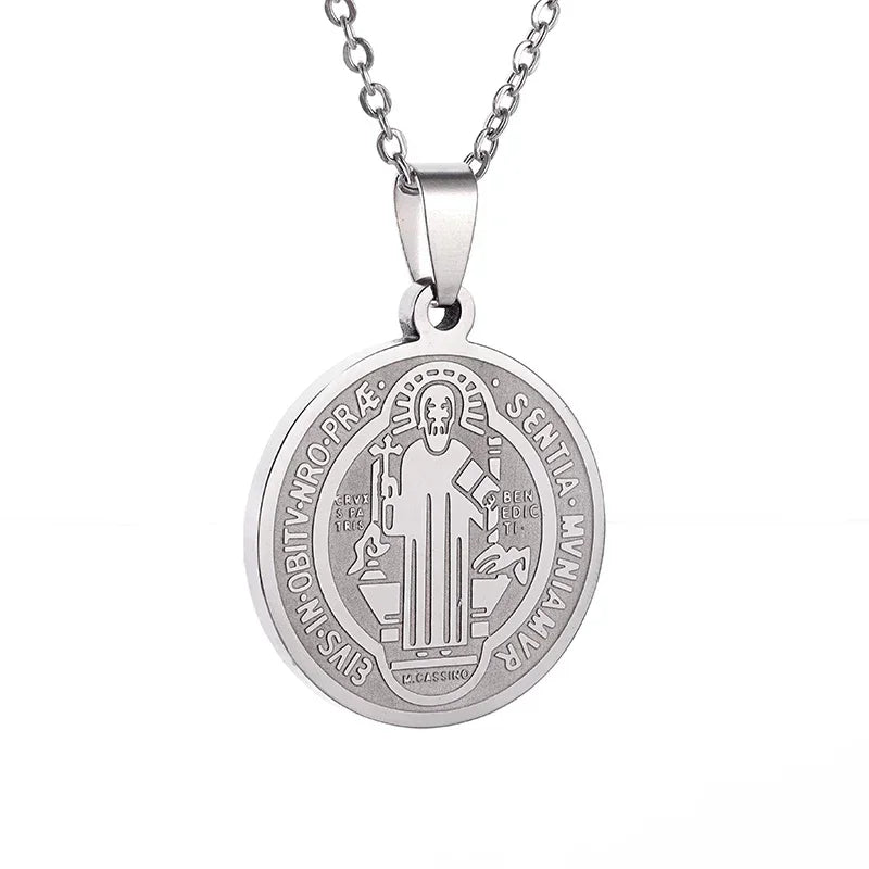 Saint Benedict Medallion Stainless Steel Pendant Zircon San Benito Collares Necklace Amulet Religious Cross Jesus