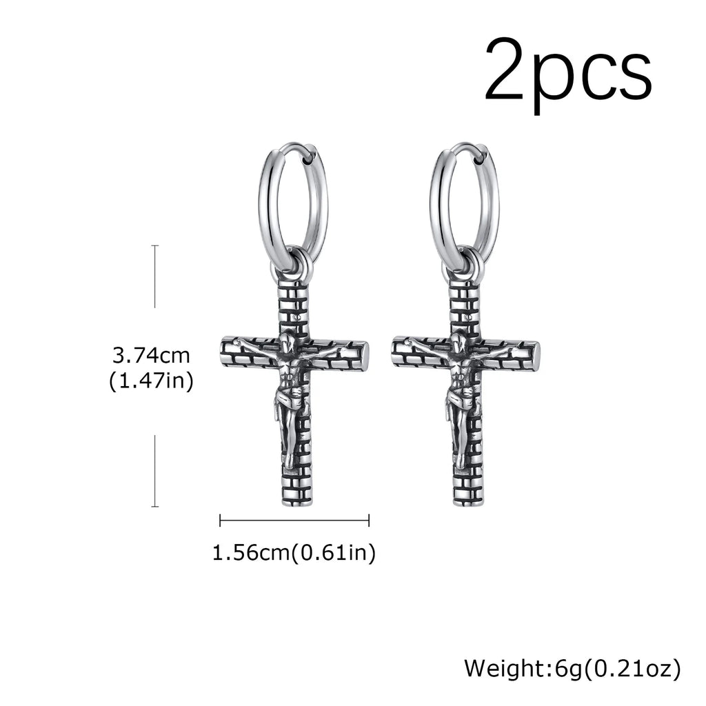 Jesus Cross Textured Dangle Earrings — Stainless Steel