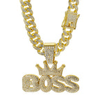 Men's Cool Hip-hop Rhinestone Letter BOSS Pendant Necklace, For Men Fashion Iced Out Bling Zircon Cuban Thick Chain