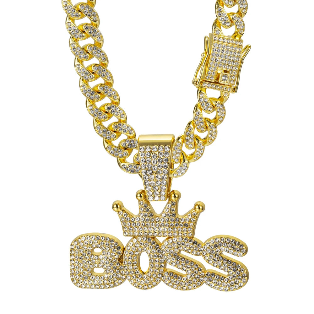 Men's Cool Hip-hop Rhinestone Letter BOSS Pendant Necklace, For Men Fashion Iced Out Bling Zircon Cuban Thick Chain