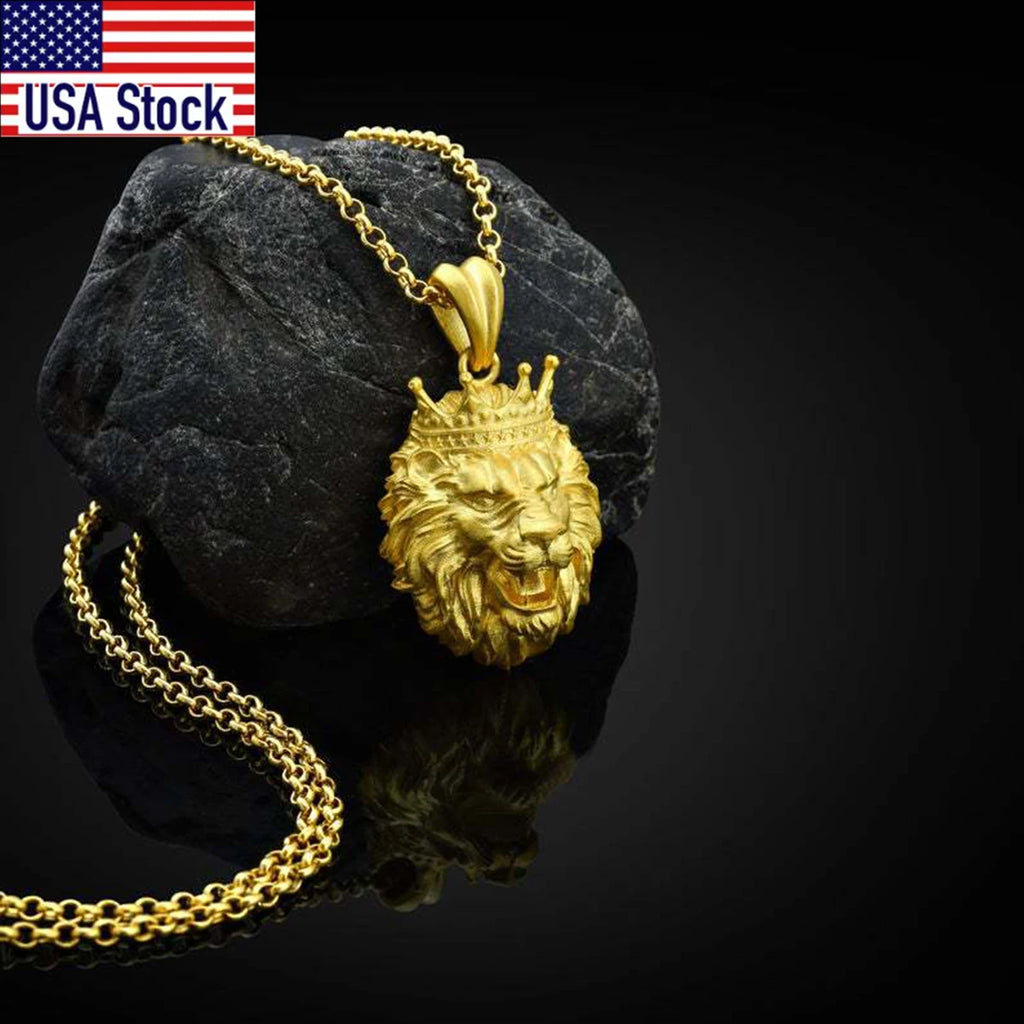 Crown Lion Head Pendant Necklace — Stainless Steel