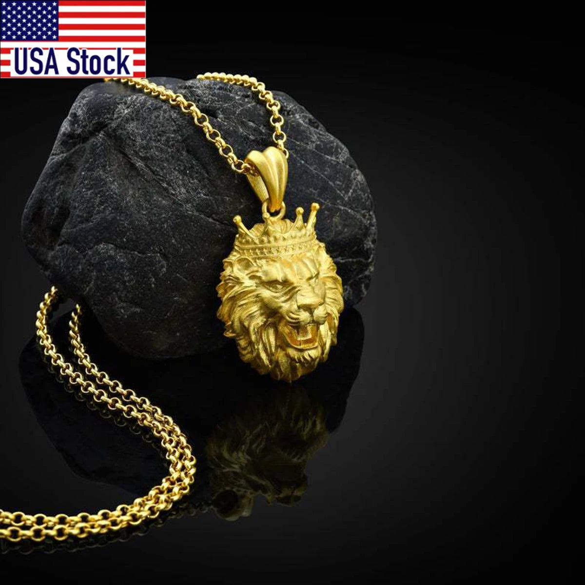 Crown Lion Head Pendant Necklace — Stainless Steel