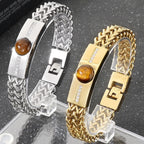 Classic Men's Bracelet With Tiger Eye Stone 12MM Width Gold Color Stainless Steel Link Chain Bracelets for Man Jewelry