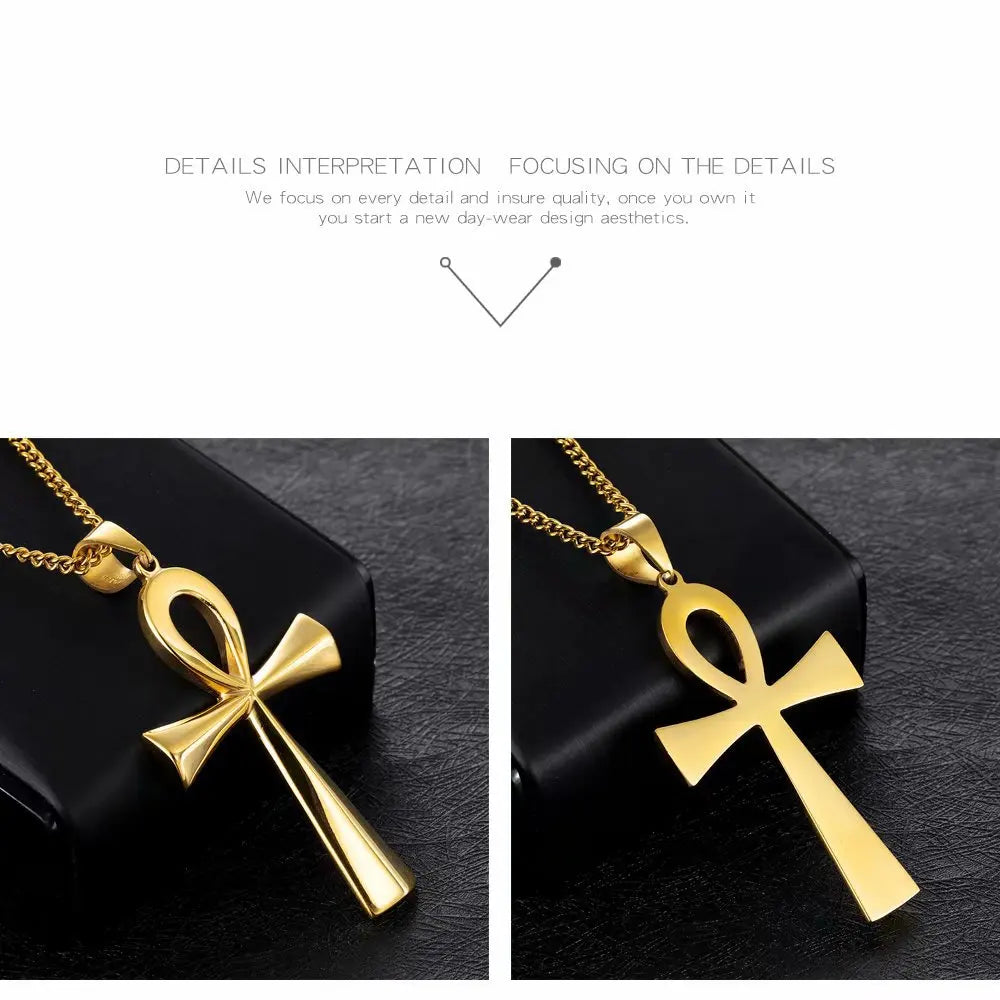 Gold Cross Ankh Pendant Necklace Stainless Steel