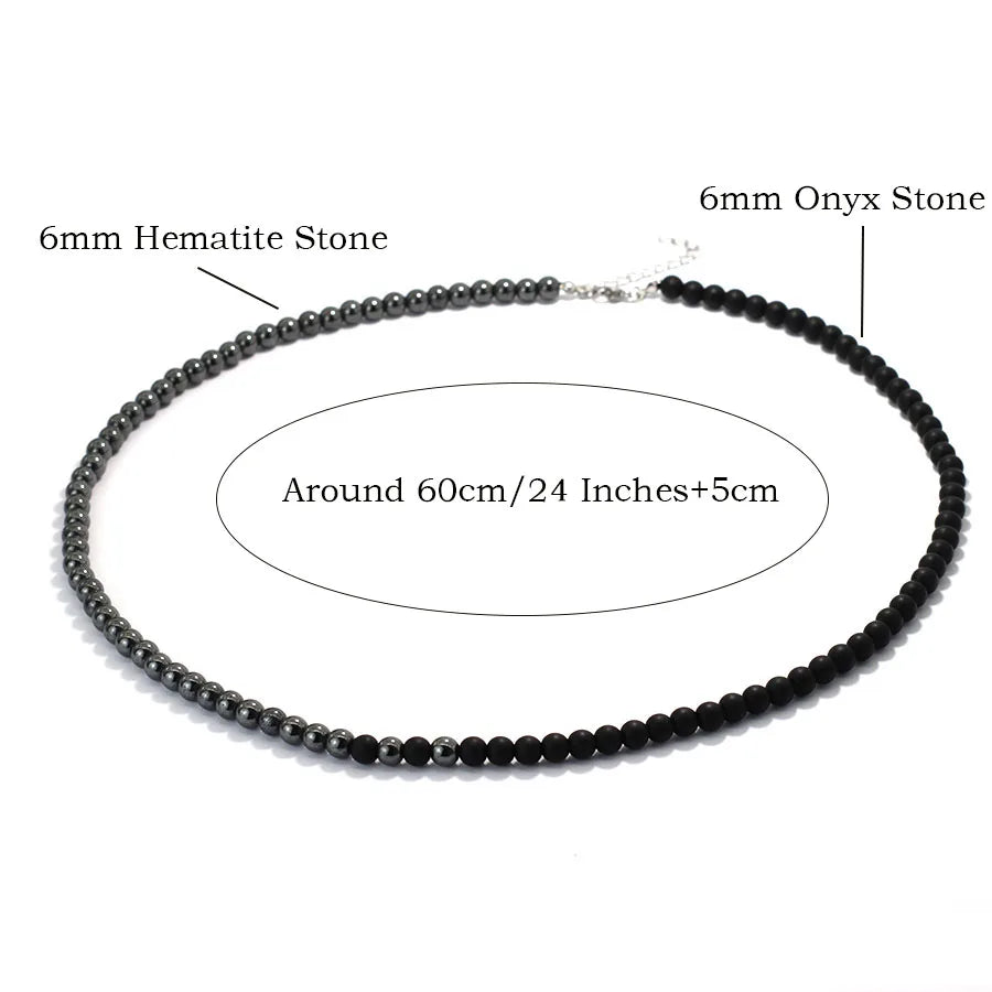 Stylish 6mm Stone Healing Necklace For Men 24 Inches Long Collar Stainless Steel Buckle Black White Yin Yang Bicolor