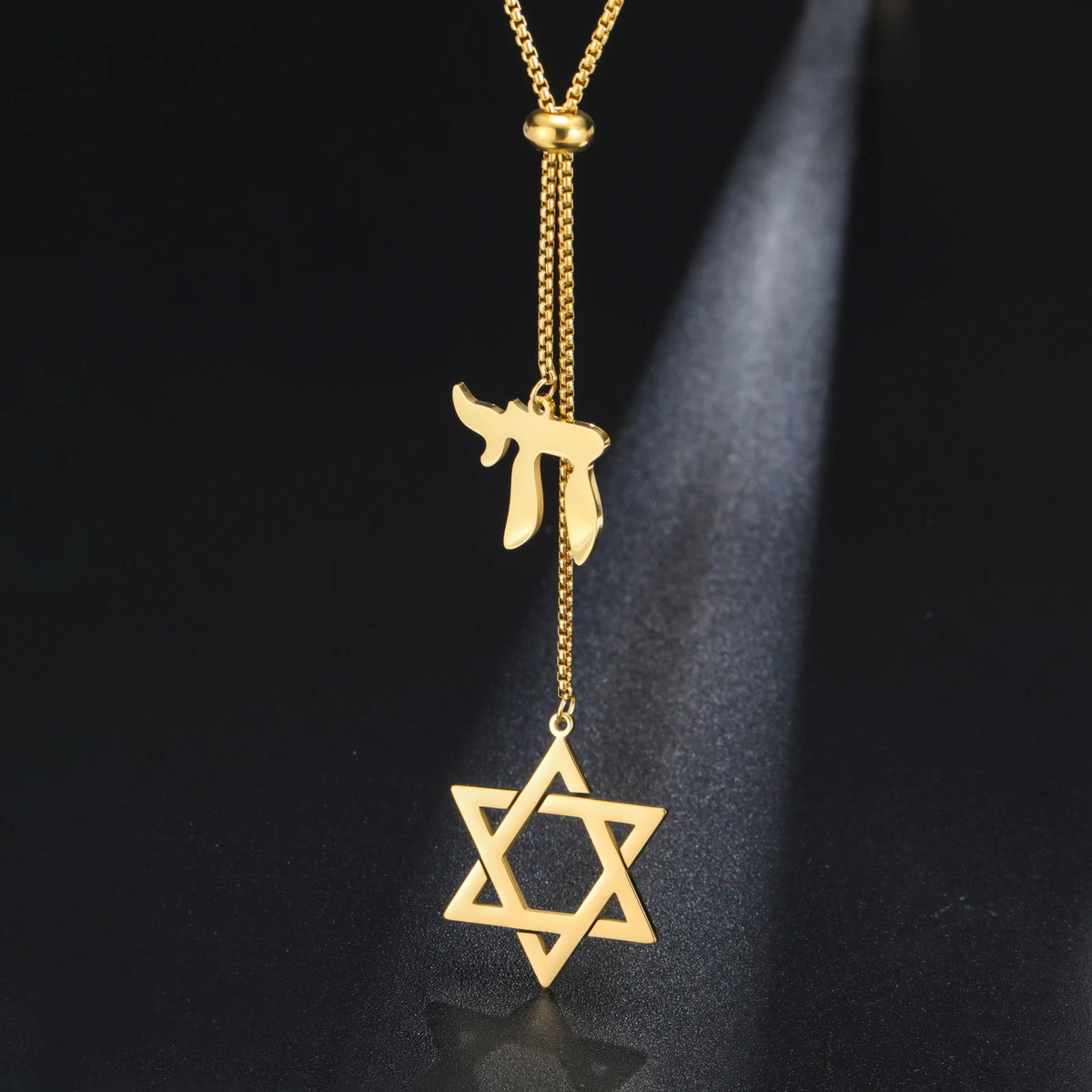 Star of David Chai Double Pendant Long Necklace — Stainless Steel