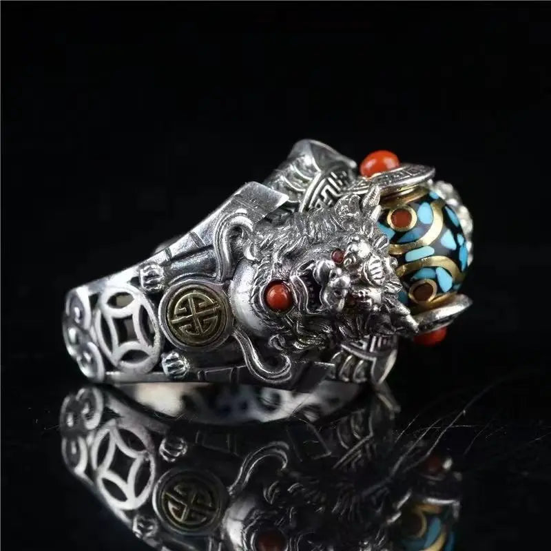 Divine Beast Coin Ring — Ethnic Buddhist Bead Ring for Men