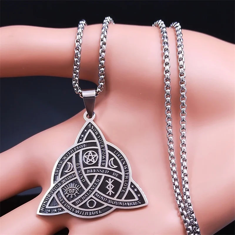 Triquetra Pentagram Triple Moon Necklace — Stainless Steel
