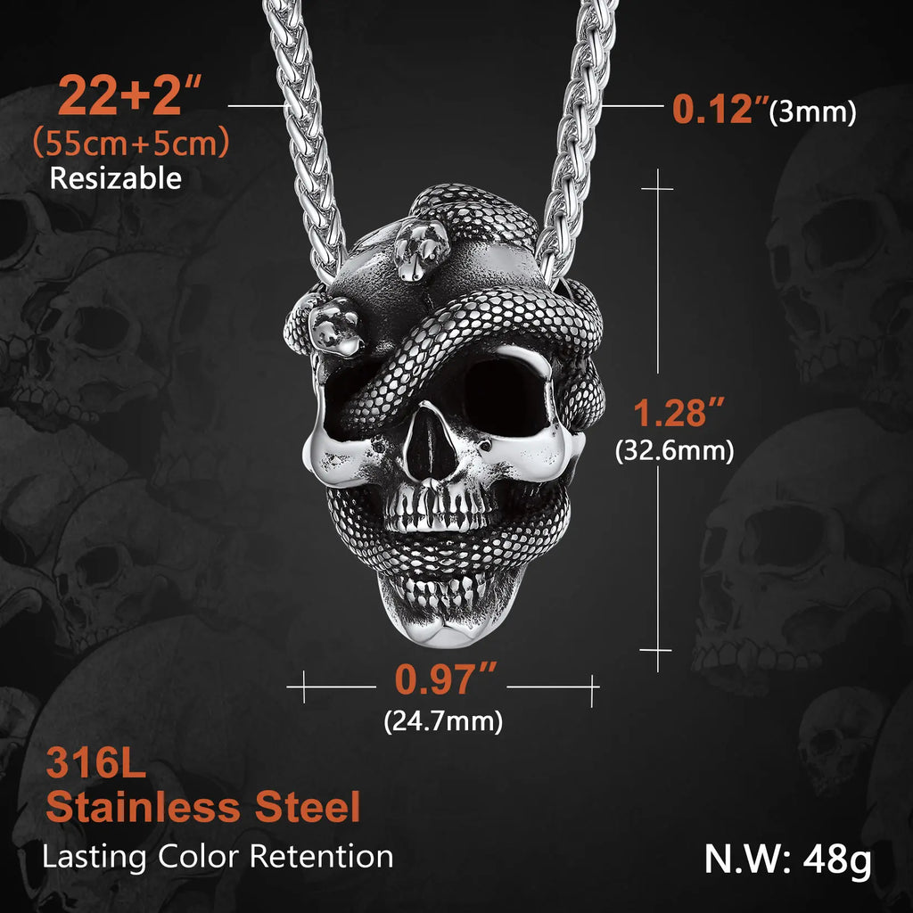 Snake Skull Pendant Necklace — Black Stainless 22"