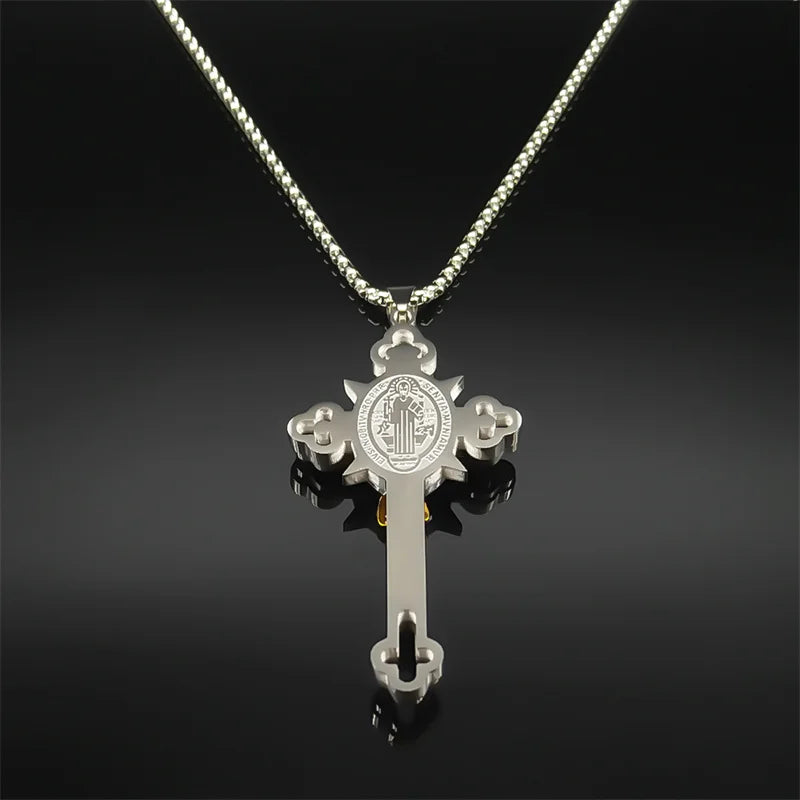 Saint Benedict Crucifix Cross Pendant — INRI Box Chain 60cm