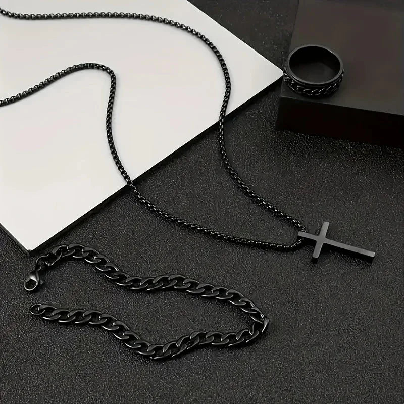 Cuban Cross Pendant Necklace Bracelet Ring Set — Stainless Steel