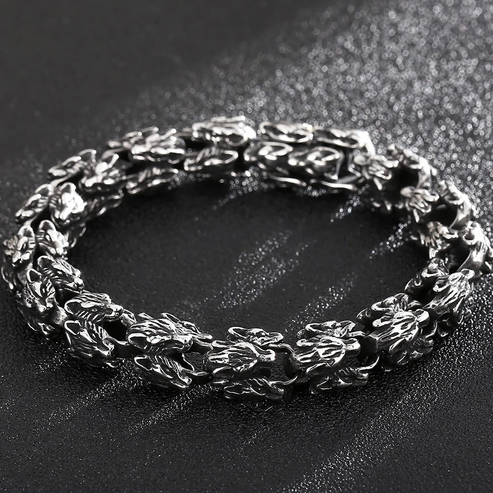 Gothic Stainless Steel Bracelets Man 12MM Wide Wolf Head Link Chain Bracelet for Men Wrist Strap Punk Nordic Viking