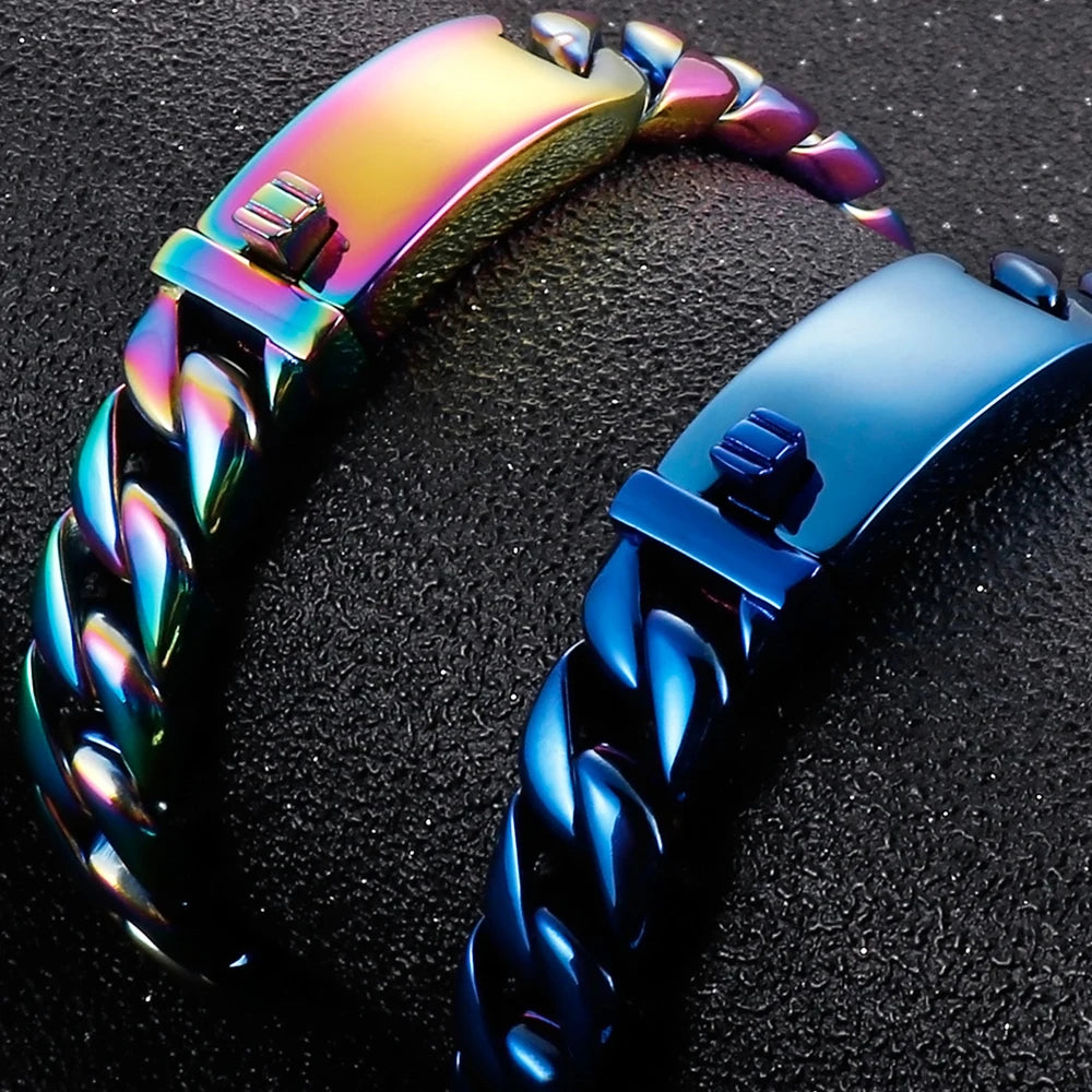 316l Stainless Steel Cuban Chain Men's Necklaces Bracelet for Man Blue Rainbow Nickel-Free Hypoallergenic Jewelry Gift