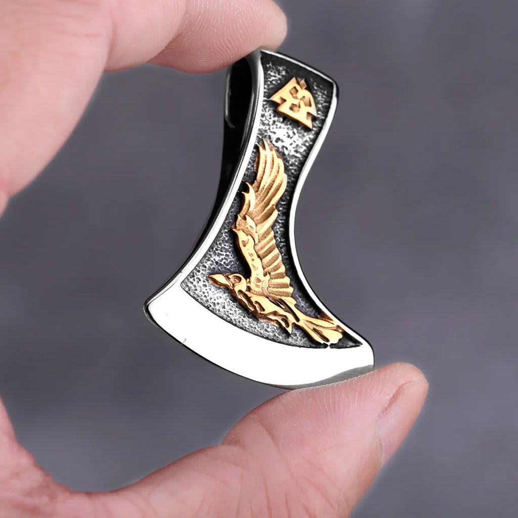 Vintage Viking Double Sided Axe Wolf and Crow Men Necklace Fashion Hip Hop Biker Pendant Stainless Steel Jewelry Gift