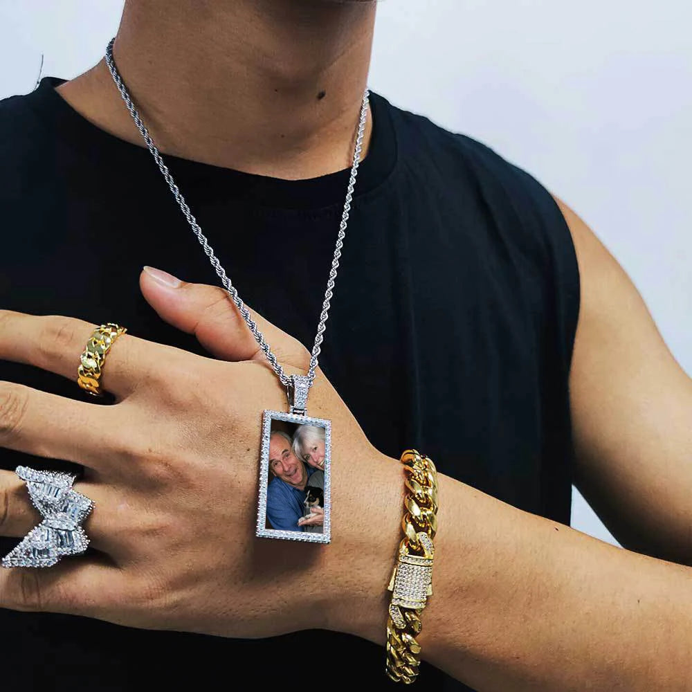 Iced Out Photo Pendant Necklace Rectangle