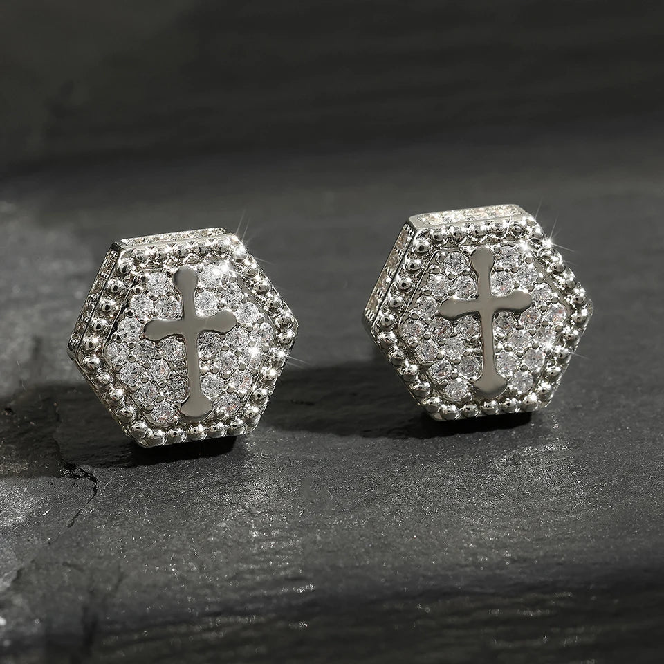 Iced Out Square Stud Earrings for Men — Gold-Tone Piercing Studs