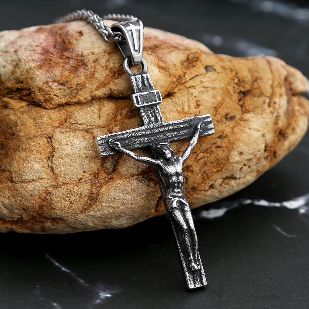 Vintage 316L Stainless Steel Jesus Cross Pendant Necklace Cross Orthodox Necklace Chain For Men Women Biker Amulet