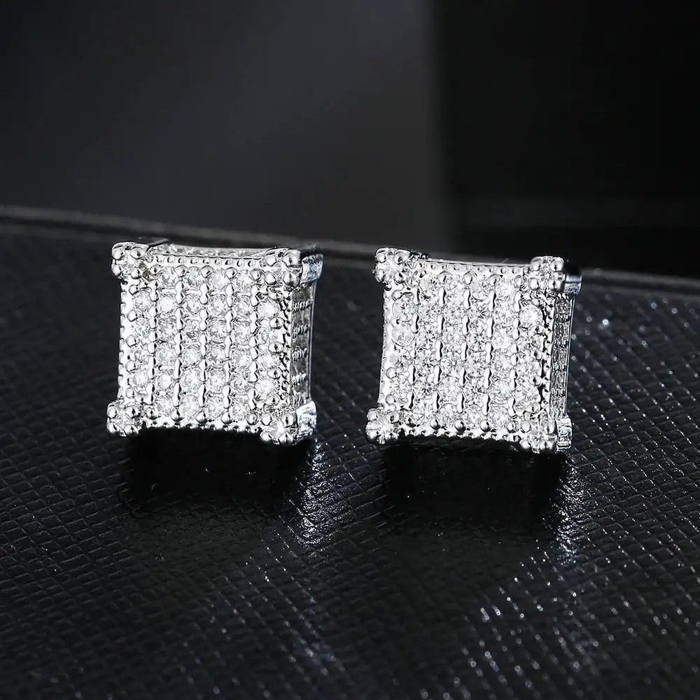 Iced Out Square Zirconia Stud Earrings for Men Women — Gold-Tone